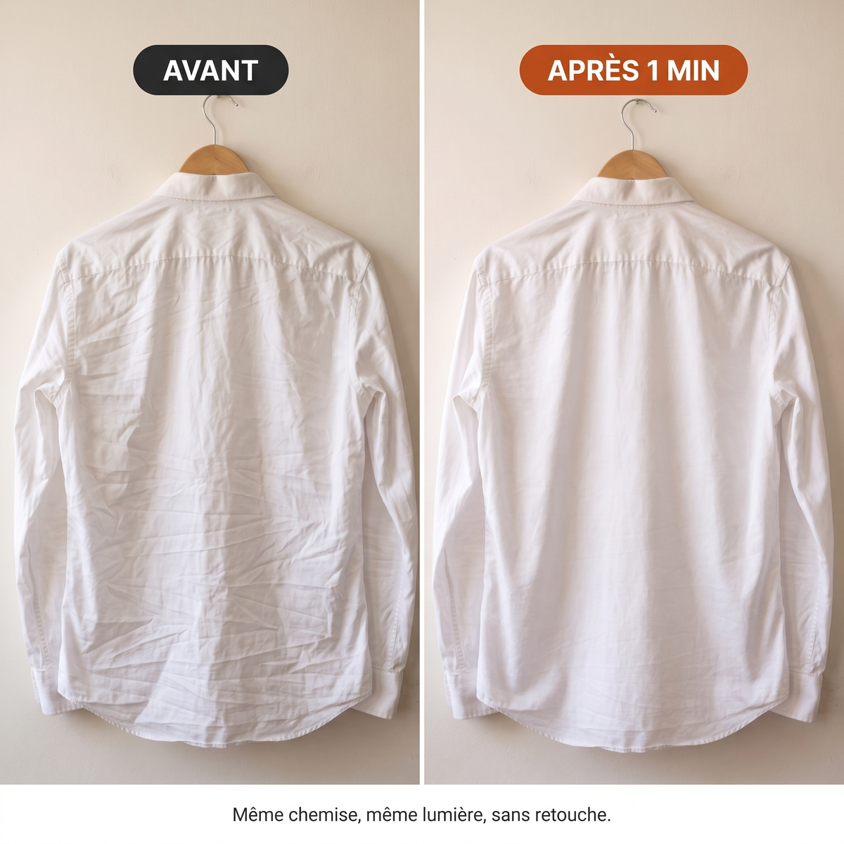 Avant / après 1 minute de Kimby sur le dos d'une chemise