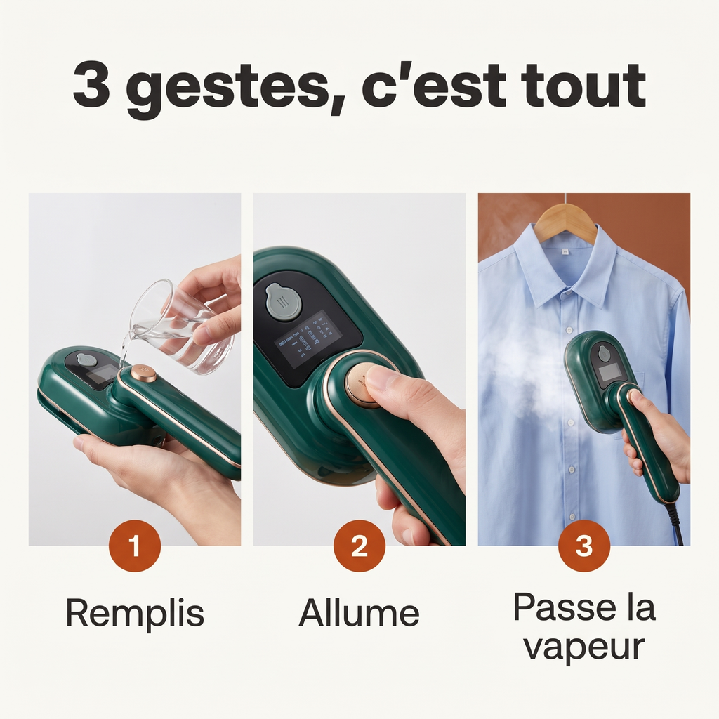 3 gestes : remplis, allume, passe la vapeur